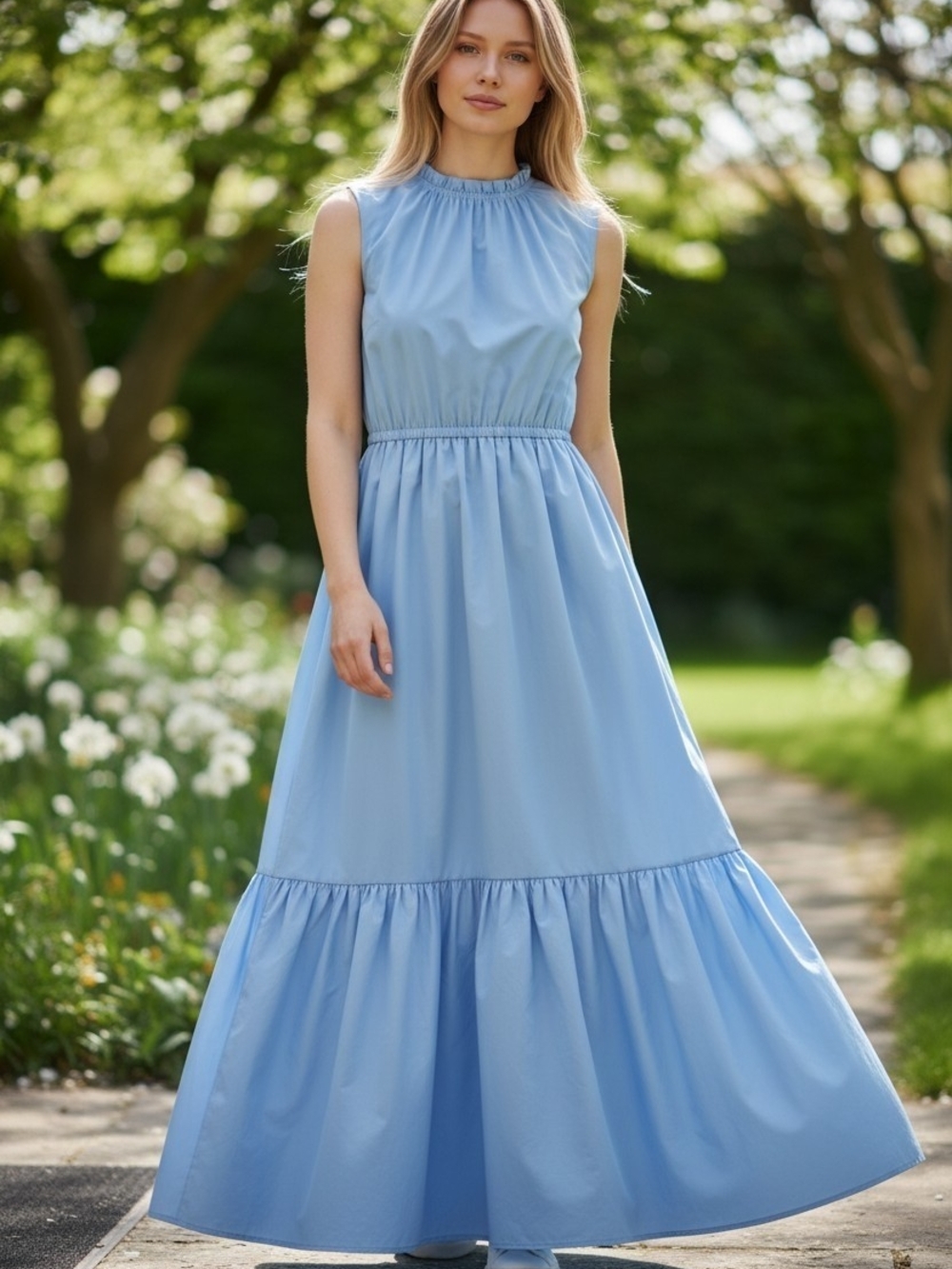 Sleeveless Light Blue Maxi Dress with Ruffled Neck